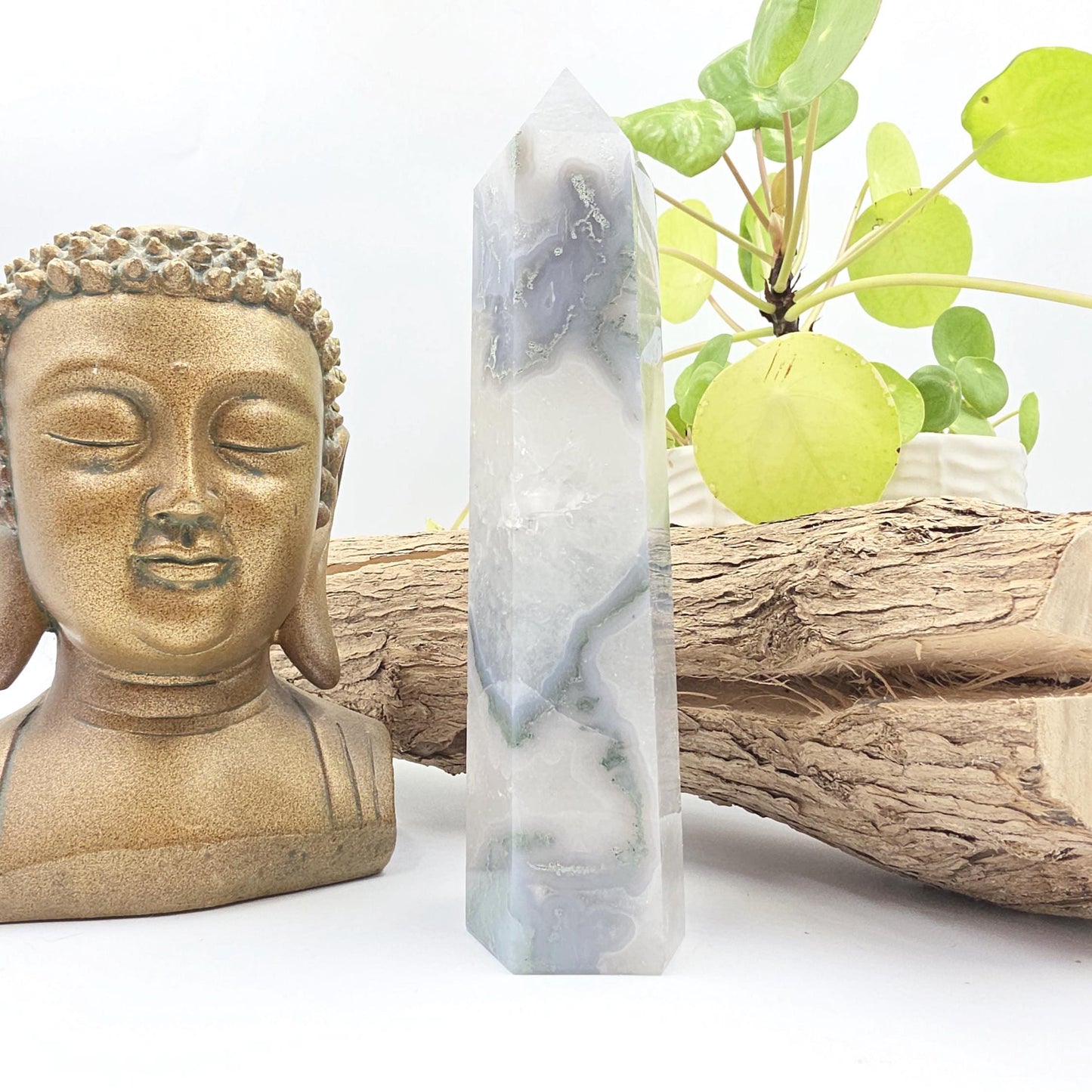 Large Blue Moss Agate Tower – Growth, Balance & Heart Chakra Crystal, 490g