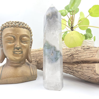 Large Blue Moss Agate Tower – Growth, Balance & Heart Chakra Crystal, 490g