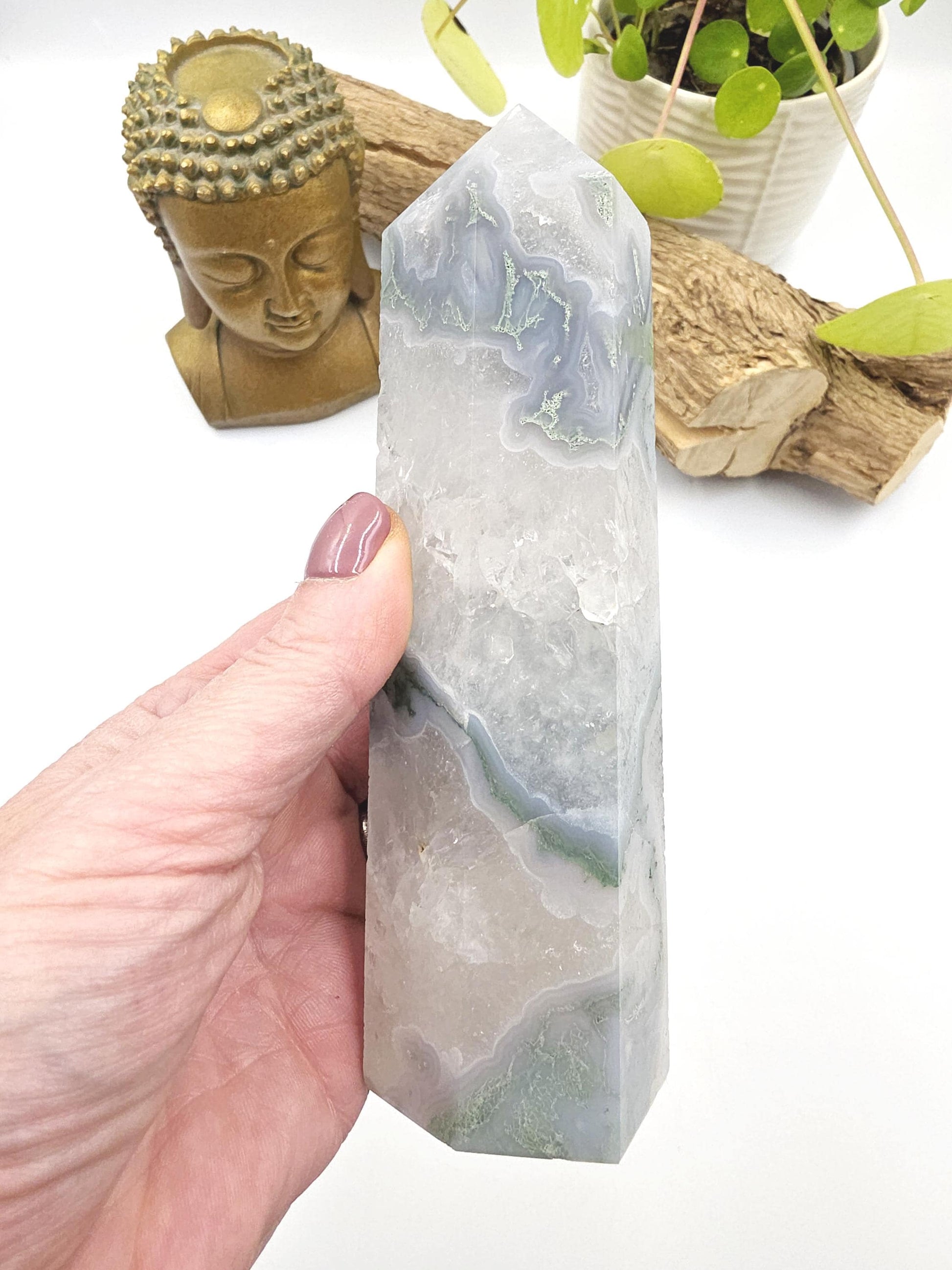 Large Blue Moss Agate Tower – Growth, Balance & Heart Chakra Crystal, 490g