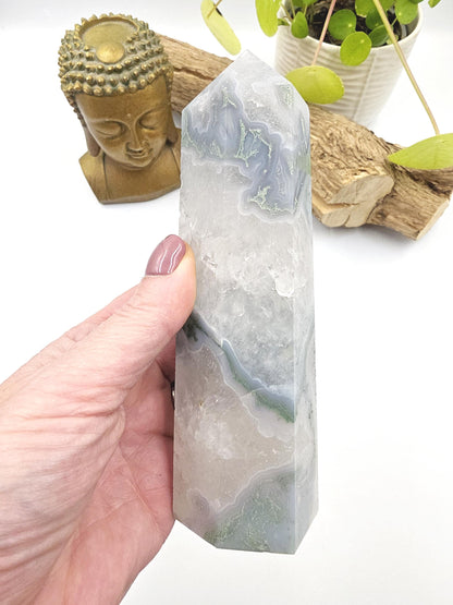 Large Blue Moss Agate Tower – Growth, Balance & Heart Chakra Crystal, 490g