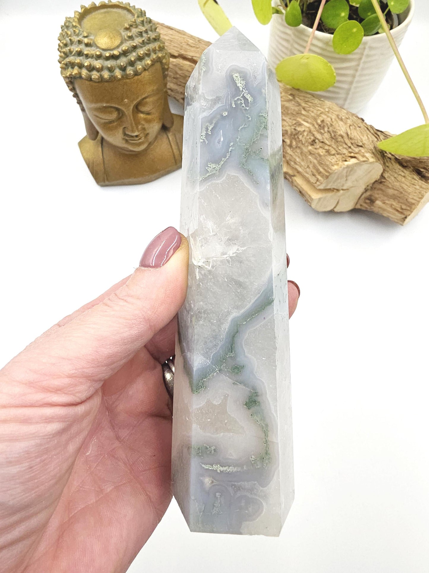 Large Blue Moss Agate Tower – Growth, Balance & Heart Chakra Crystal, 490g
