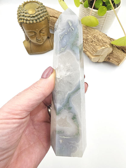 Large Blue Moss Agate Tower – Growth, Balance & Heart Chakra Crystal, 490g