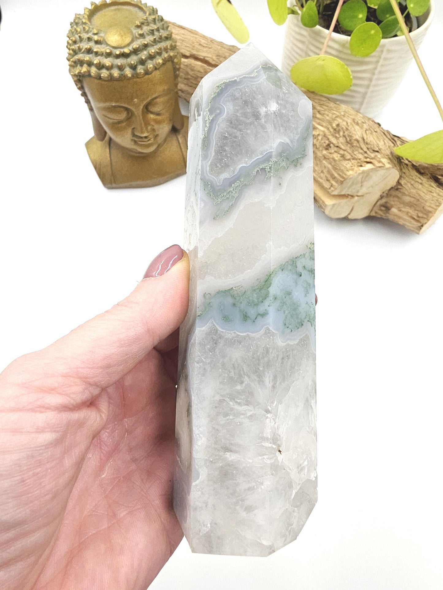 Large Blue Moss Agate Tower – Growth, Balance & Heart Chakra Crystal, 490g