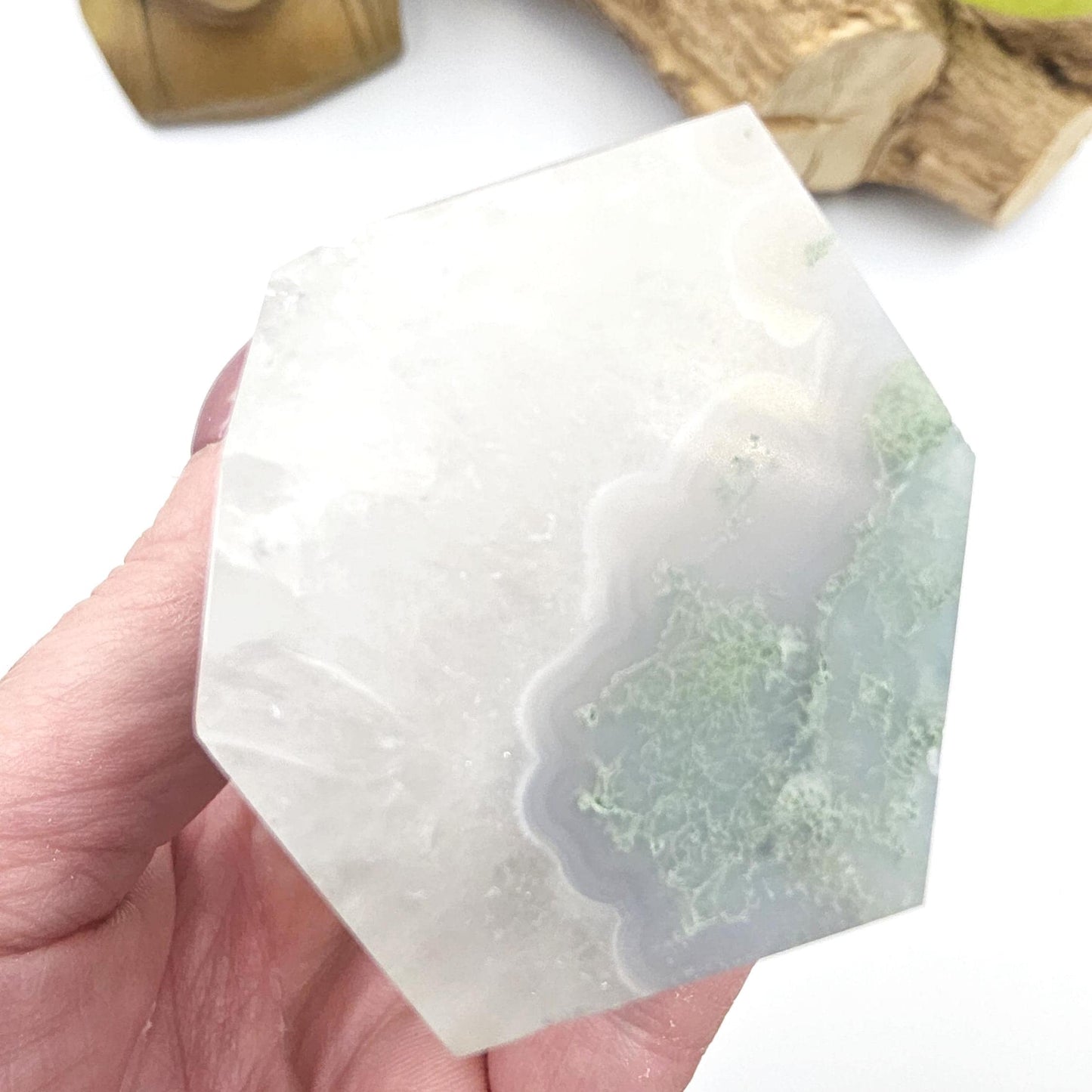 Large Blue Moss Agate Tower – Growth, Balance & Heart Chakra Crystal, 490g