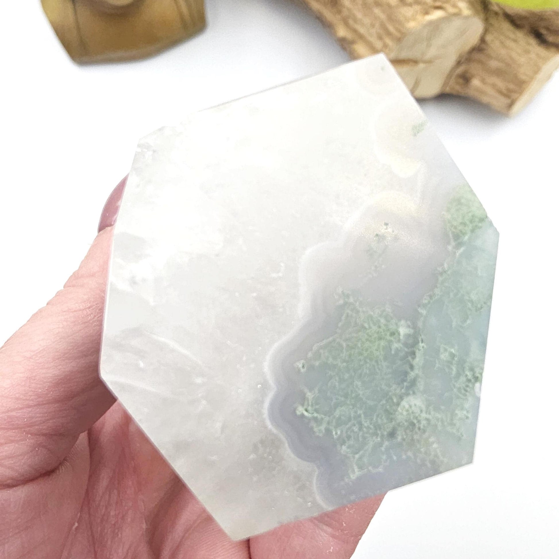 Large Blue Moss Agate Tower – Growth, Balance & Heart Chakra Crystal, 490g