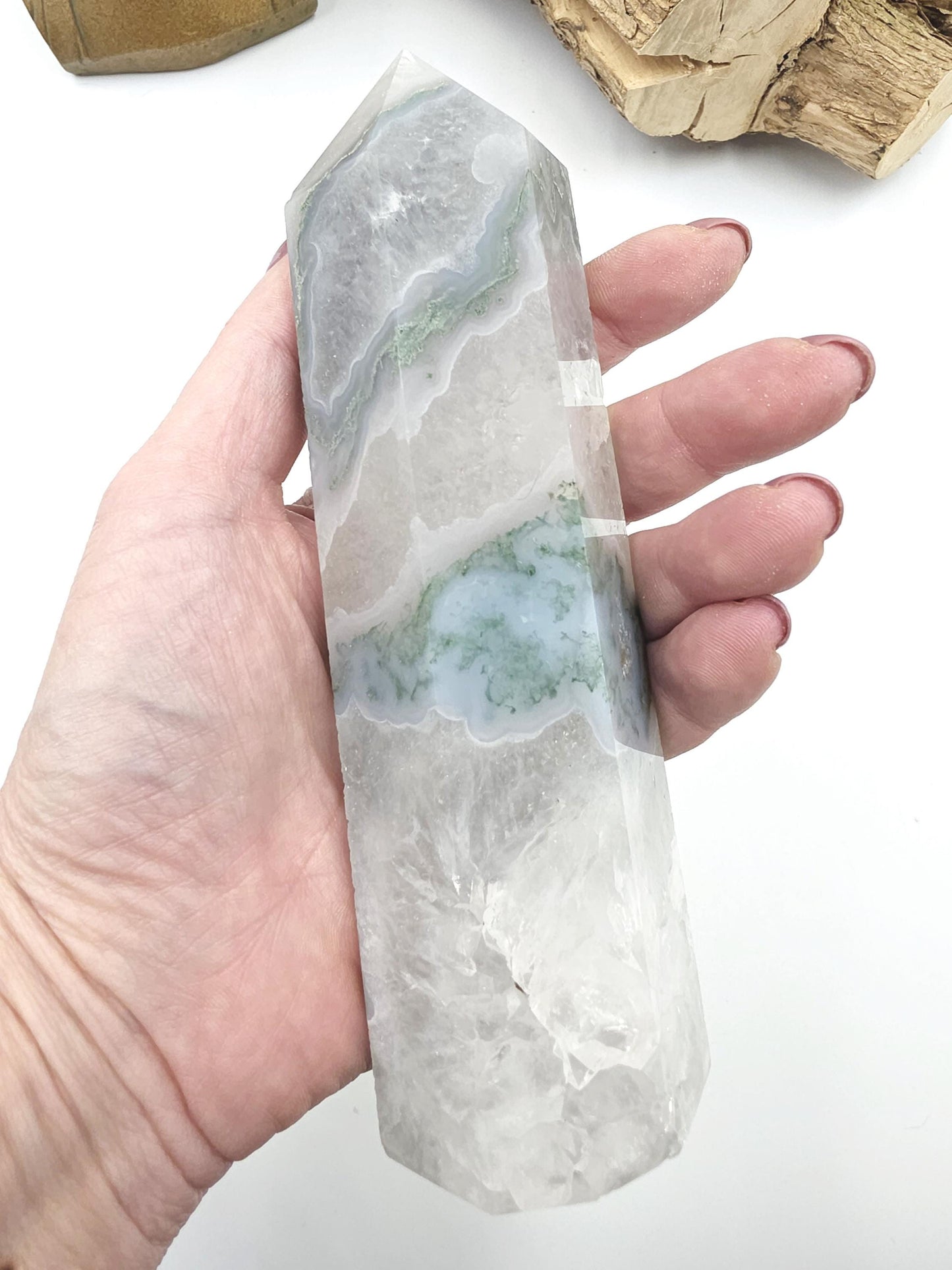 Large Blue Moss Agate Tower – Growth, Balance & Heart Chakra Crystal, 490g
