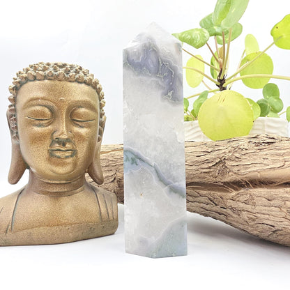Large Blue Moss Agate Tower – Growth, Balance & Heart Chakra Crystal, 490g