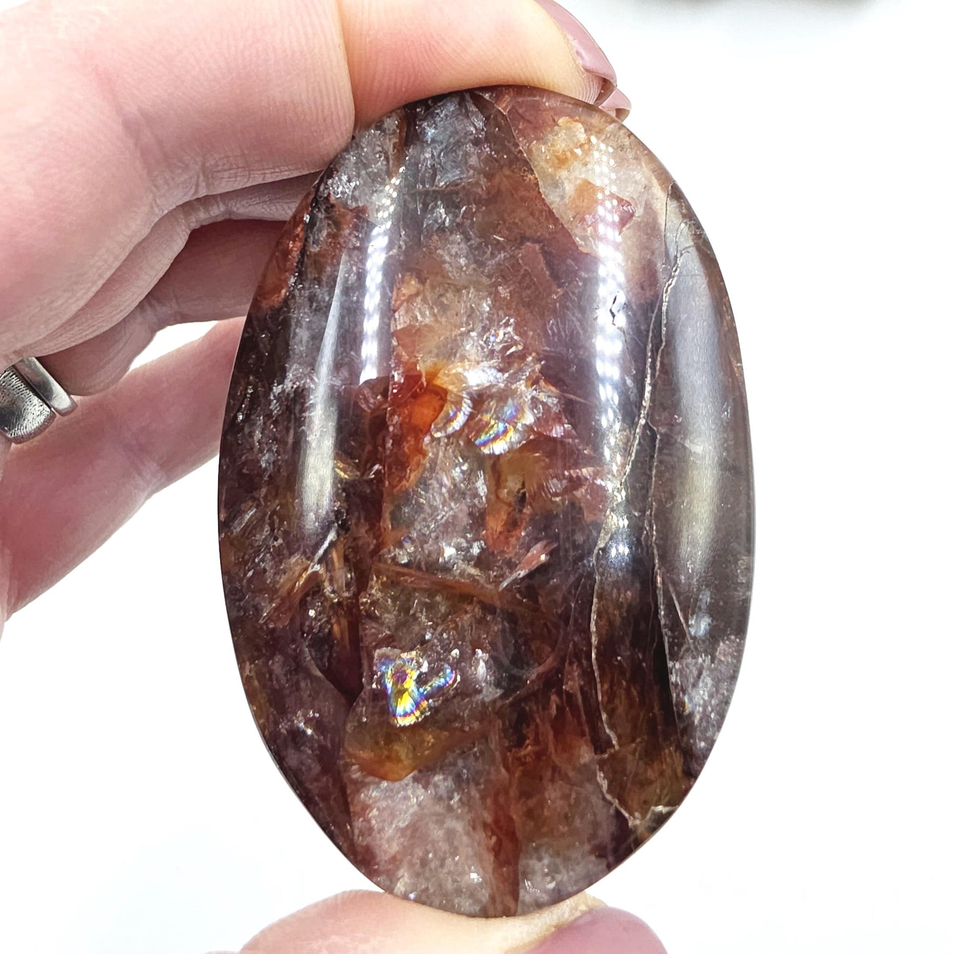 Fire Quartz (Hematoid) Palm Stone with lots of rainbow flashes - Grounding & Vitality Crystal - 80g