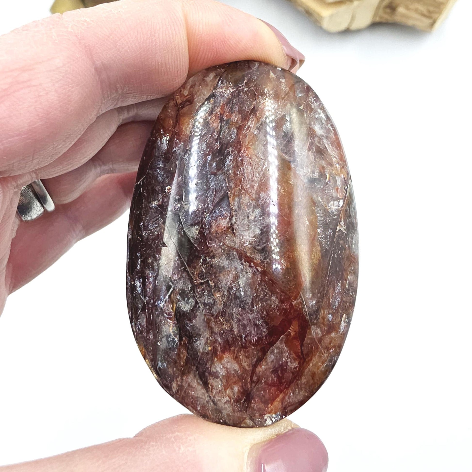 Fire Quartz (Hematoid) Palm Stone with lots of rainbow flashes - Grounding & Vitality Crystal - 80g