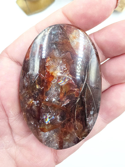 Fire Quartz (Hematoid) Palm Stone with lots of rainbow flashes - Grounding & Vitality Crystal - 80g