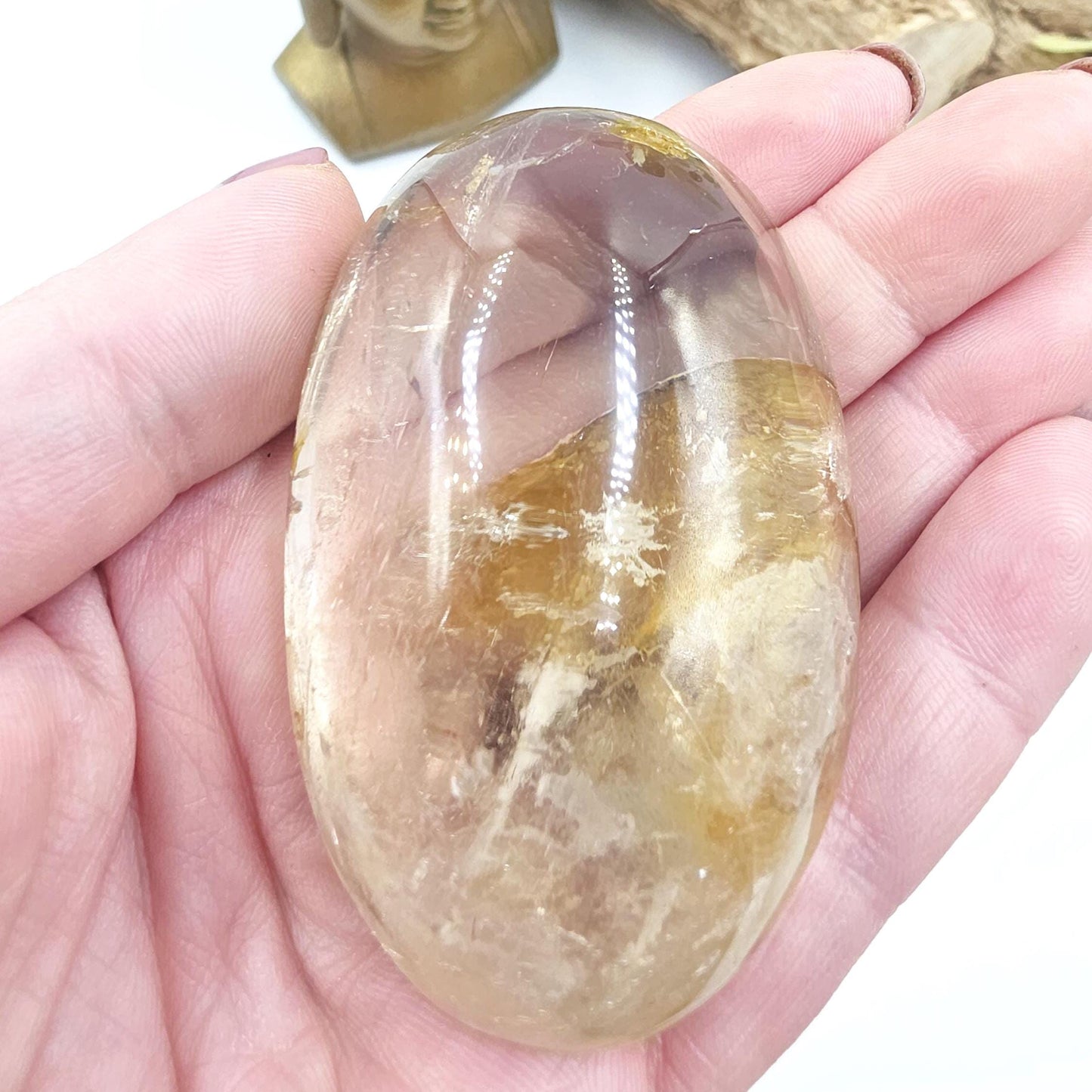 High Grade Clear Quartz Palm Stone with Golden Healer Inclusions – Clarity & Healing Crystal, 135g