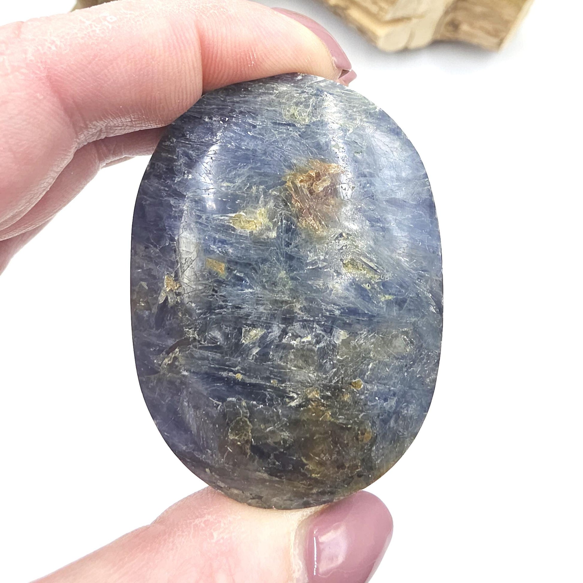 Kyanite Palm Stone – Energy Alignment, Calm & Throat Chakra Crystal, 100g