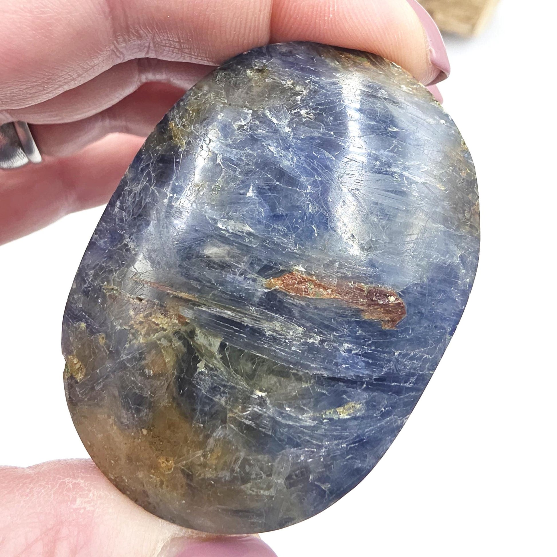 Kyanite Palm Stone – Energy Alignment, Calm & Throat Chakra Crystal, 100g
