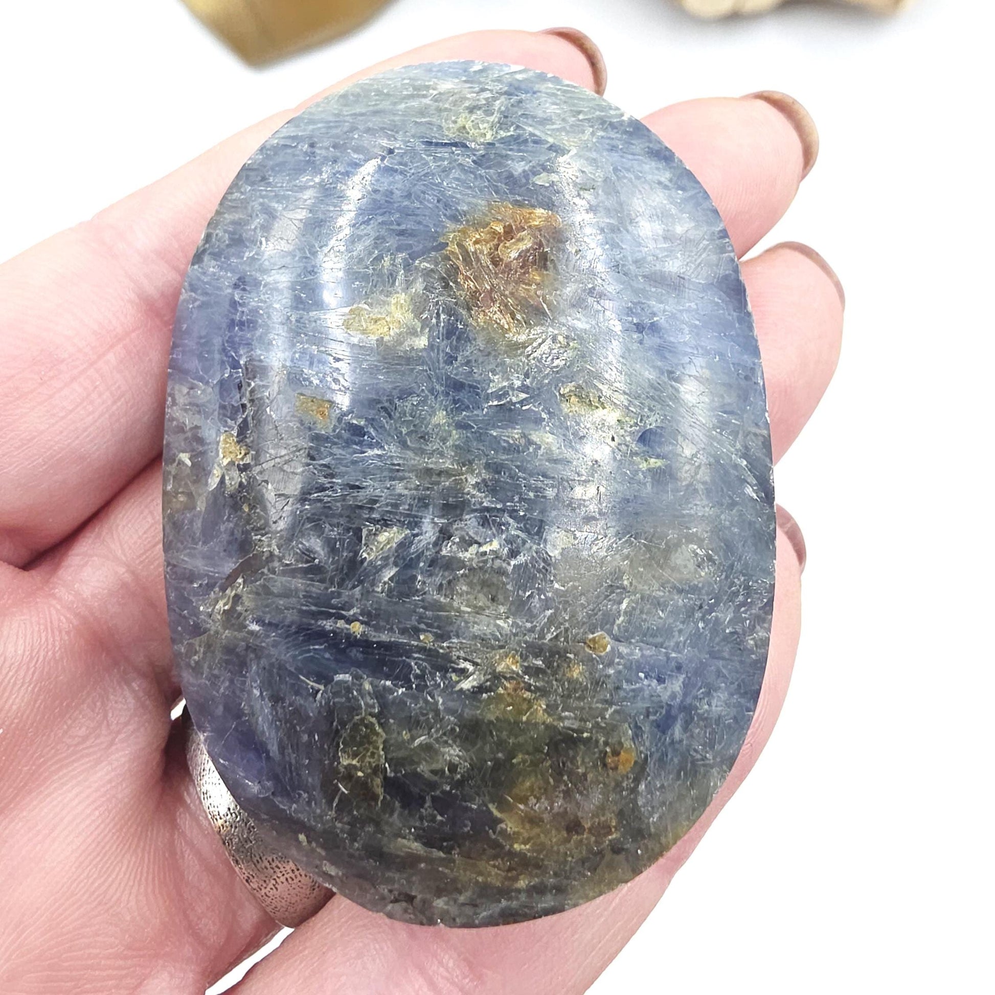 Kyanite Palm Stone – Energy Alignment, Calm & Throat Chakra Crystal, 100g