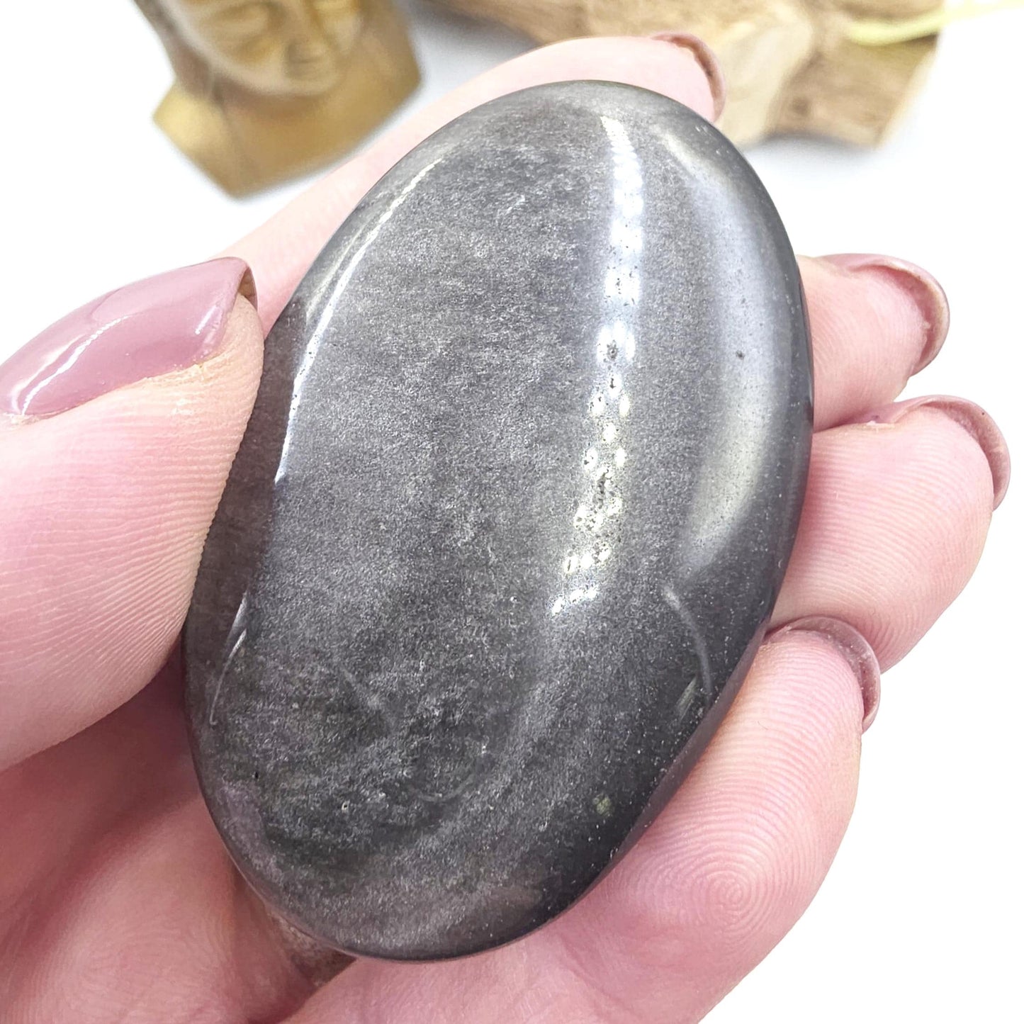Silver Sheen Obsidian Palm Stone – Protection, Insight & Root Chakra Energy Crystal, 35g