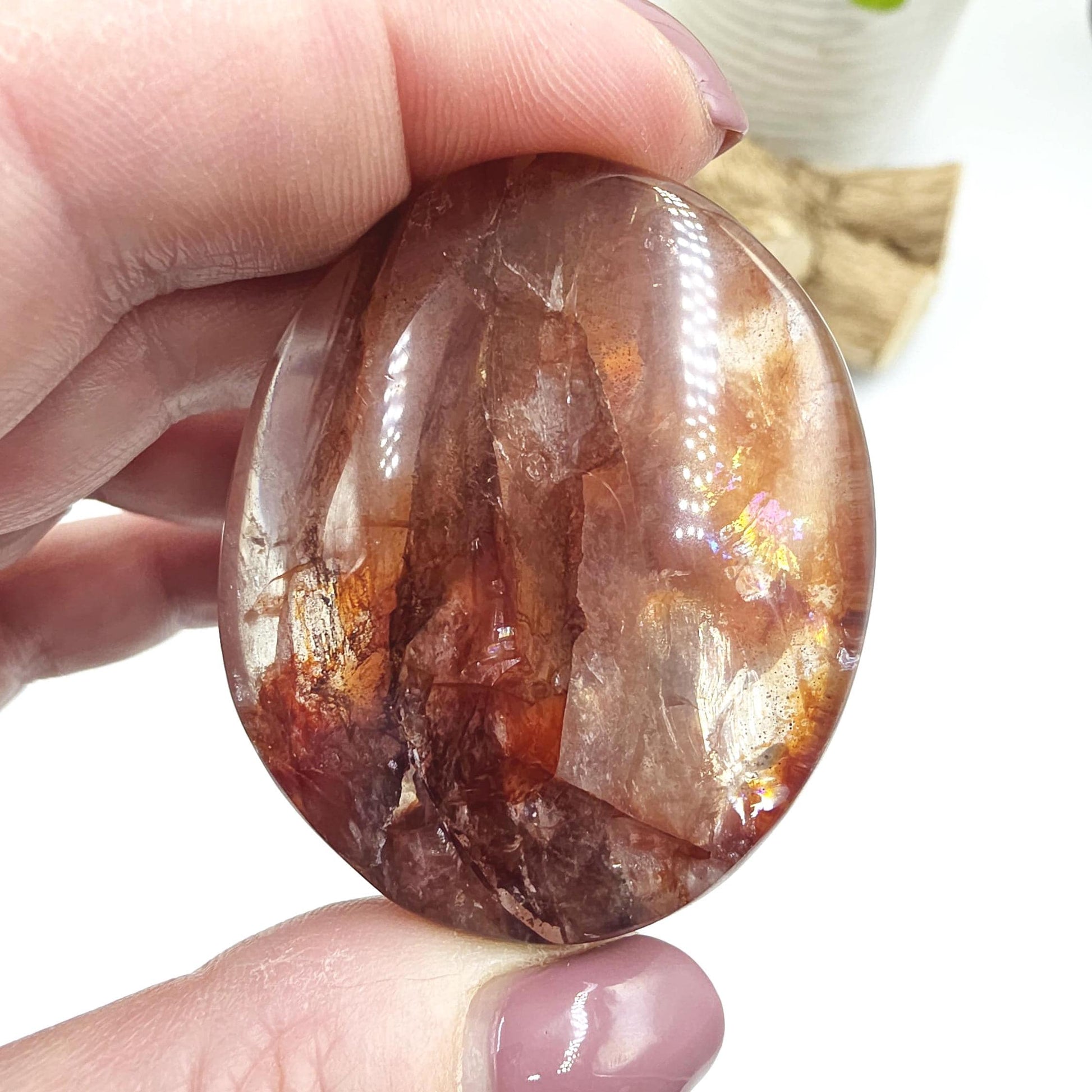 Fire Quartz (Hematoid) Palm Stone with rainbow flashes - Grounding & Vitality Crystal - 70g