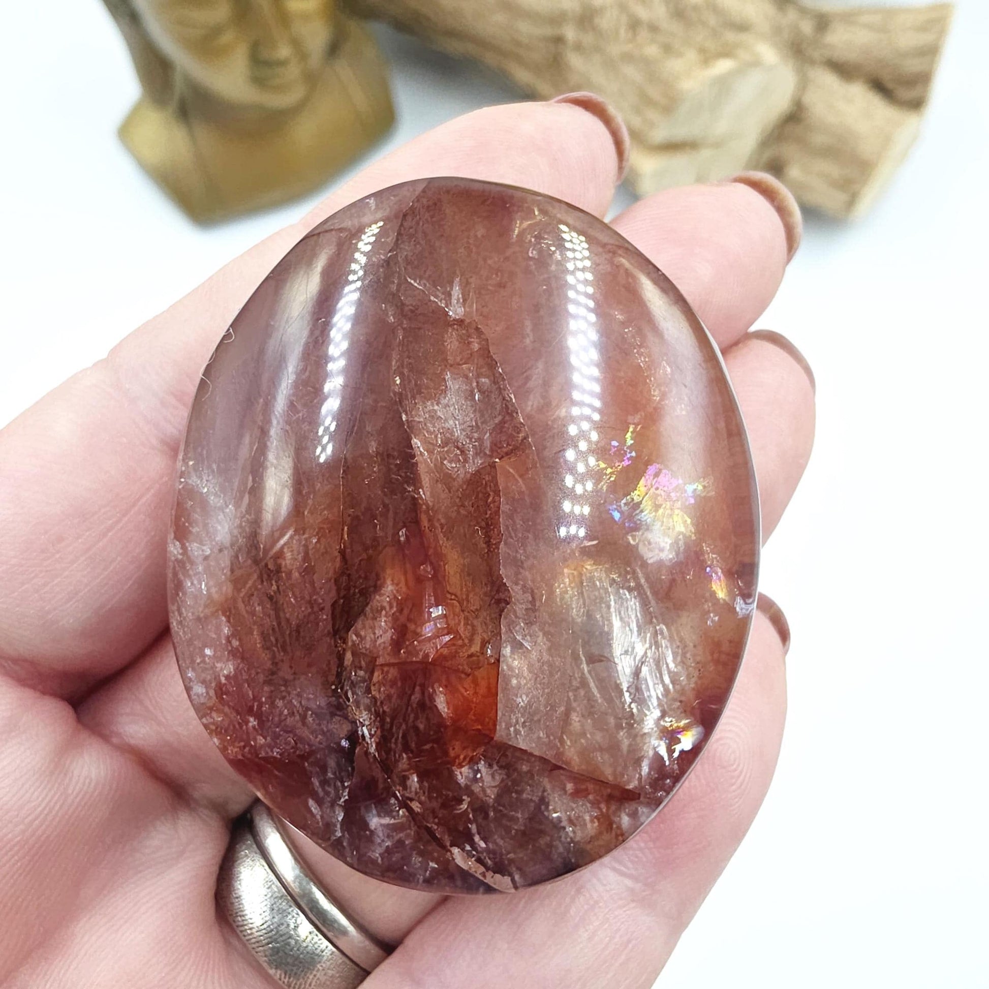 Fire Quartz (Hematoid) Palm Stone with rainbow flashes - Grounding & Vitality Crystal - 70g