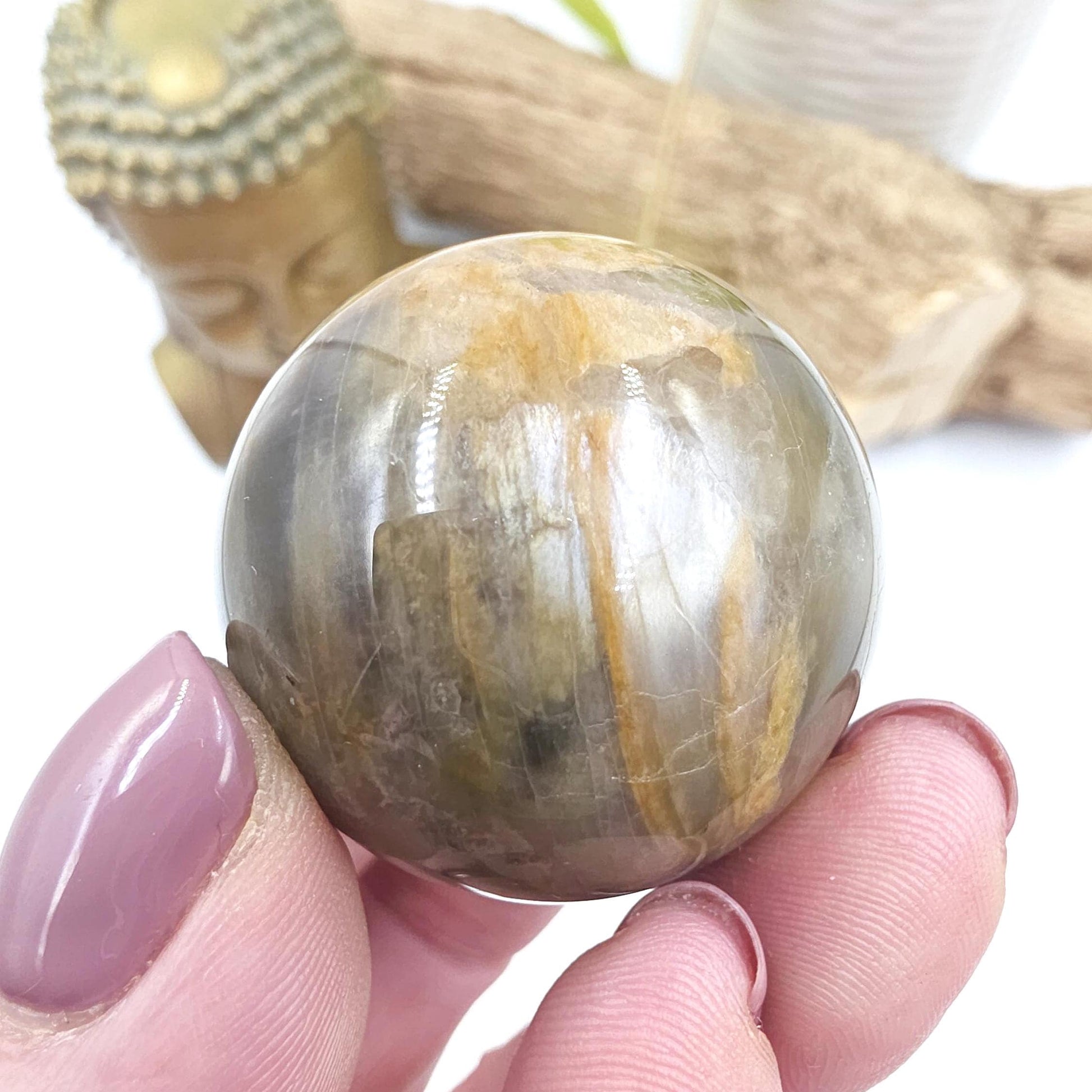 Black Moonstone & Sunstone Sphere – Protection, Joy and Root and Sacral Chakra Crystal, 36mm