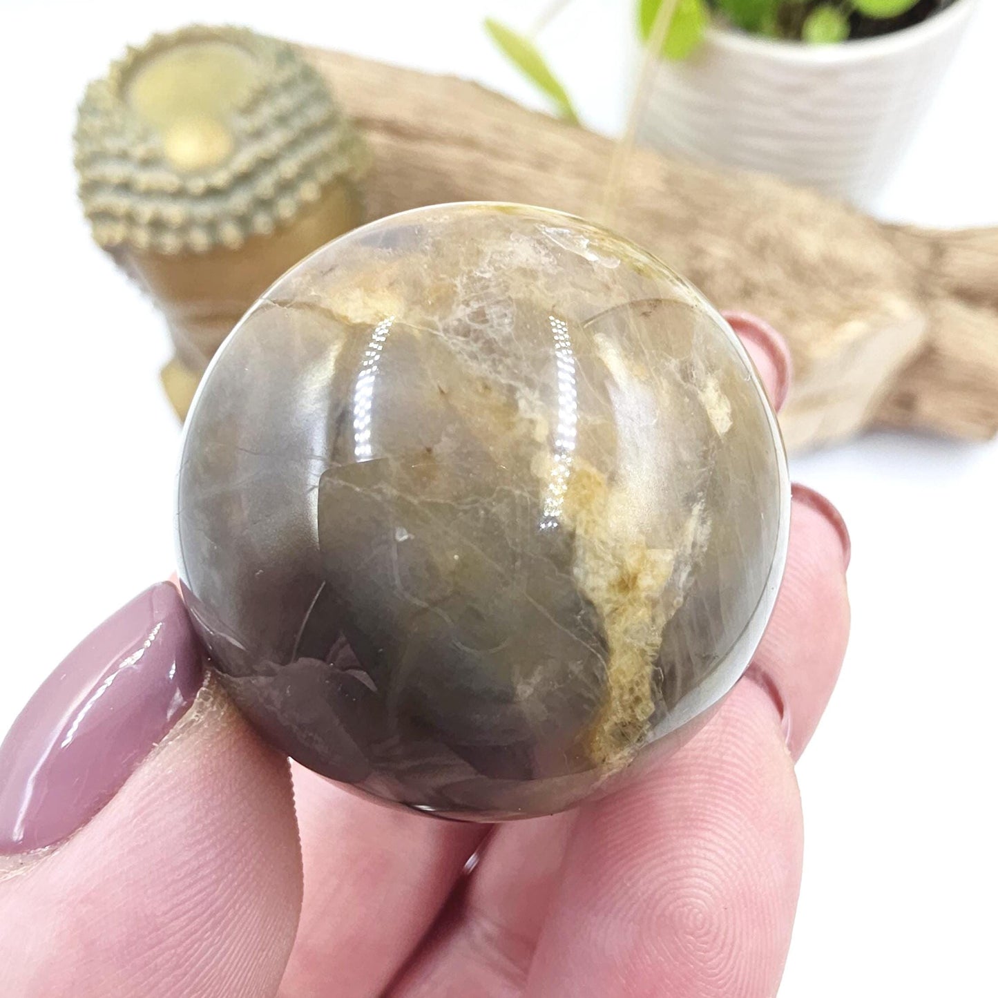 Black Moonstone & Sunstone Sphere – Protection, Joy and Root and Sacral Chakra Crystal, 36mm