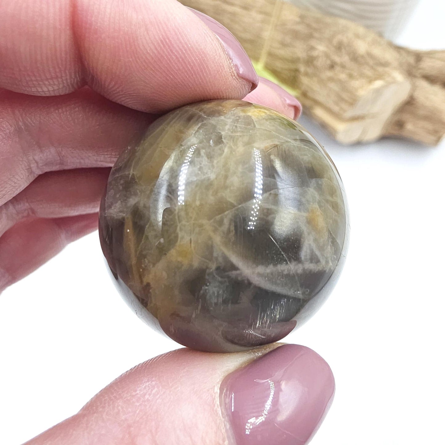 Black Moonstone & Sunstone Sphere – Protection, Joy and Root and Sacral Chakra Crystal, 36mm