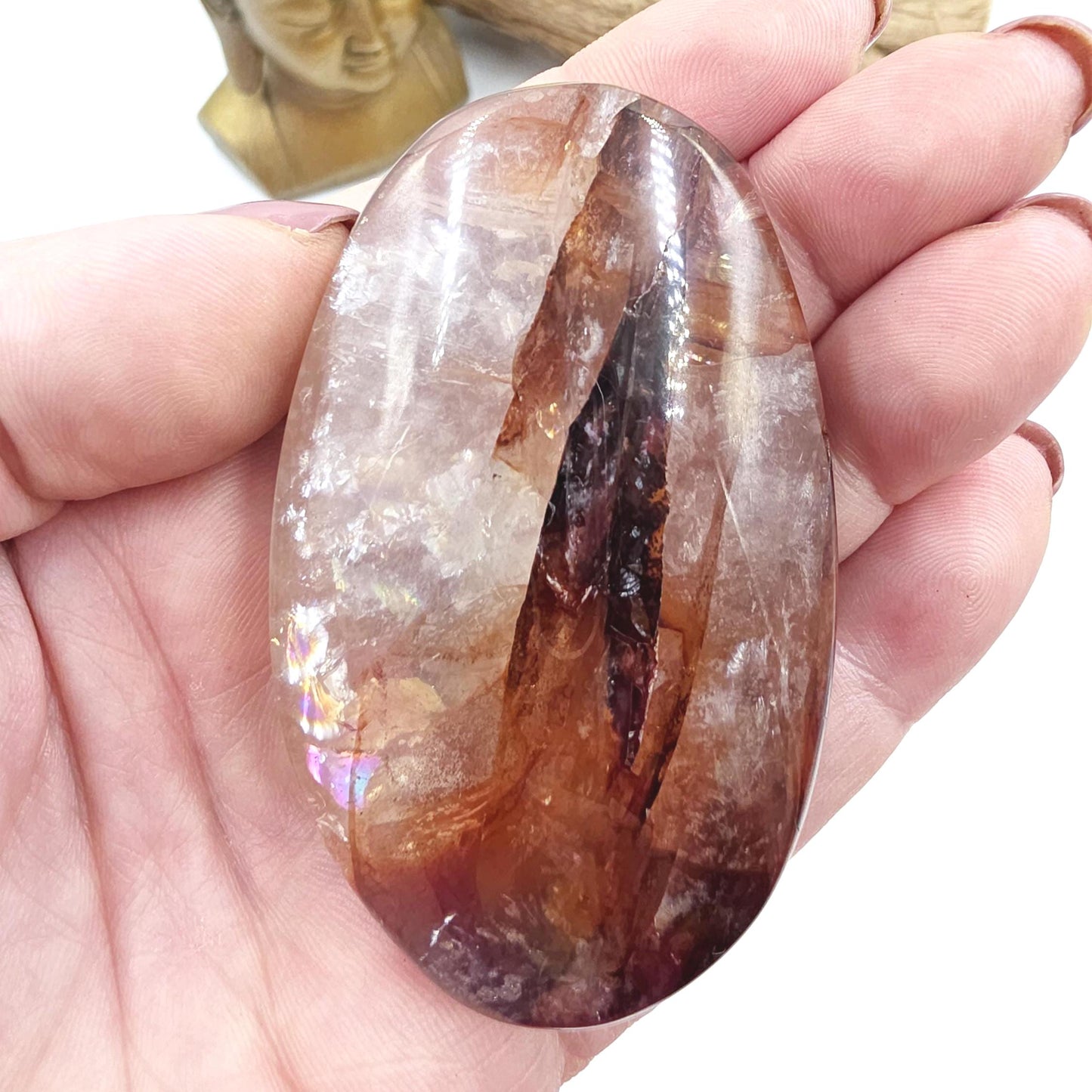 Sparkly Fire Quartz (Hematoid) Palm Stone with Rainbows – Confidence & Healing Crystal, 120g