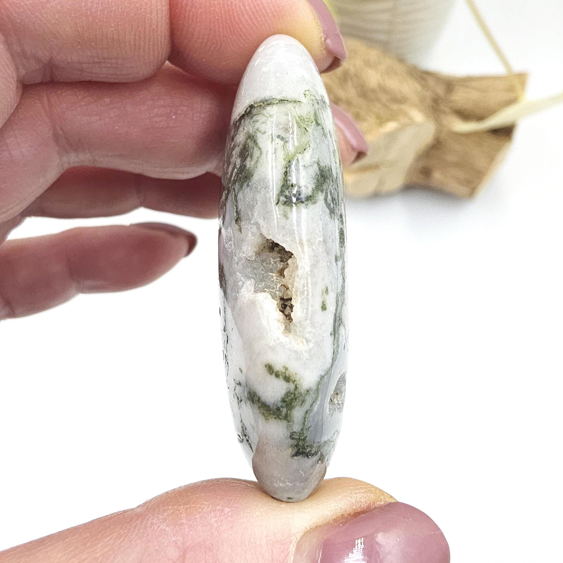 Drusy Moss Agate Palm Stone – Grounding & Growth Healing Crystal, 40g
