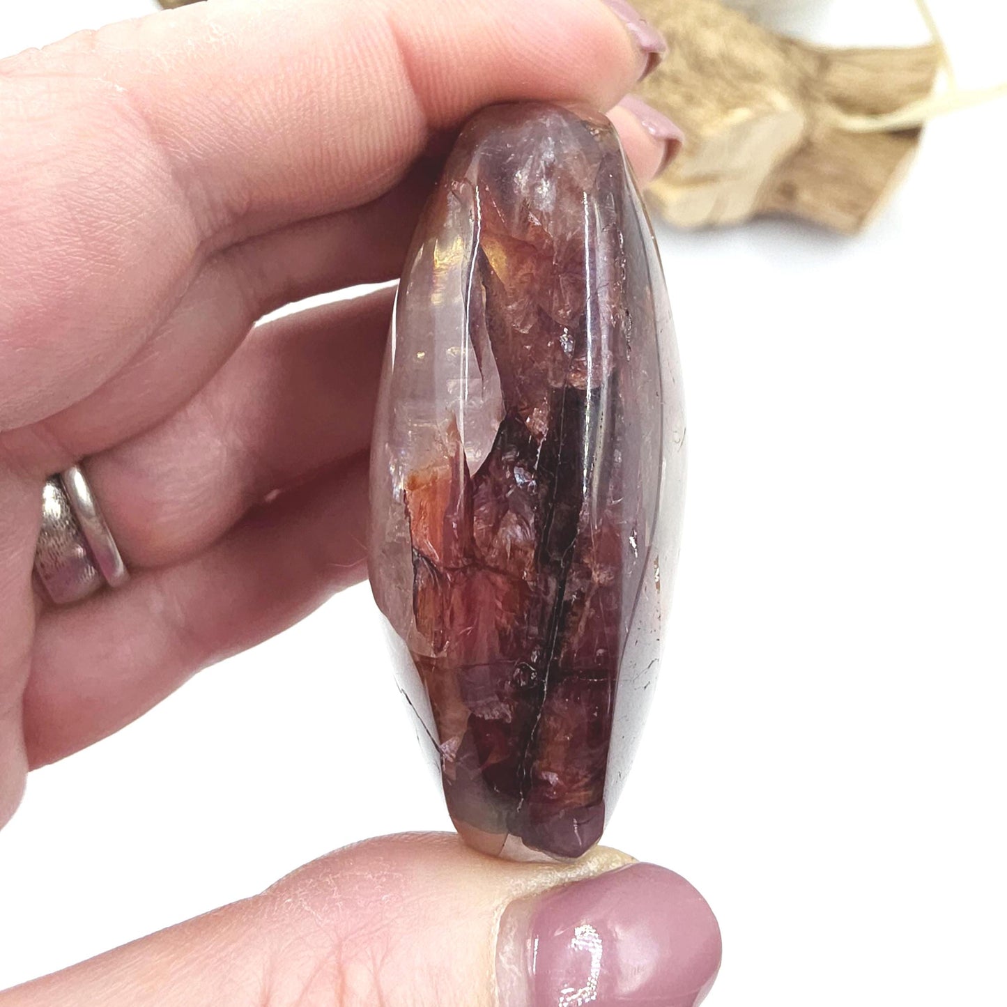 Fire Quartz (Hematoid) Palm Stone with strong rainbows – Confidence & Grounding Crystal, 100g