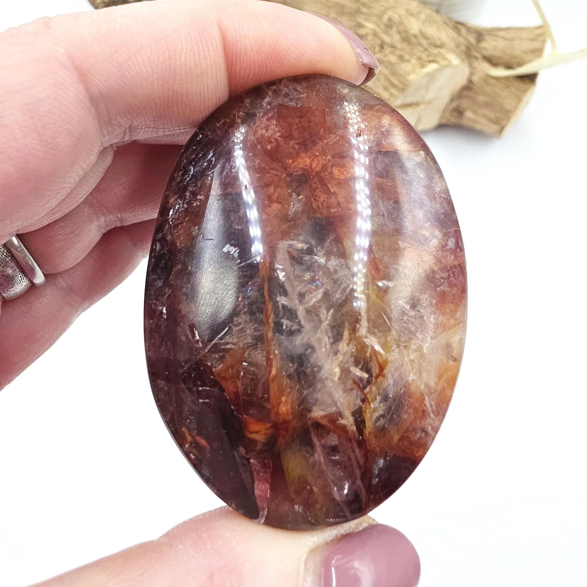 Fire Quartz (Hematoid) Palm Stone with strong rainbows – Confidence & Grounding Crystal, 100g