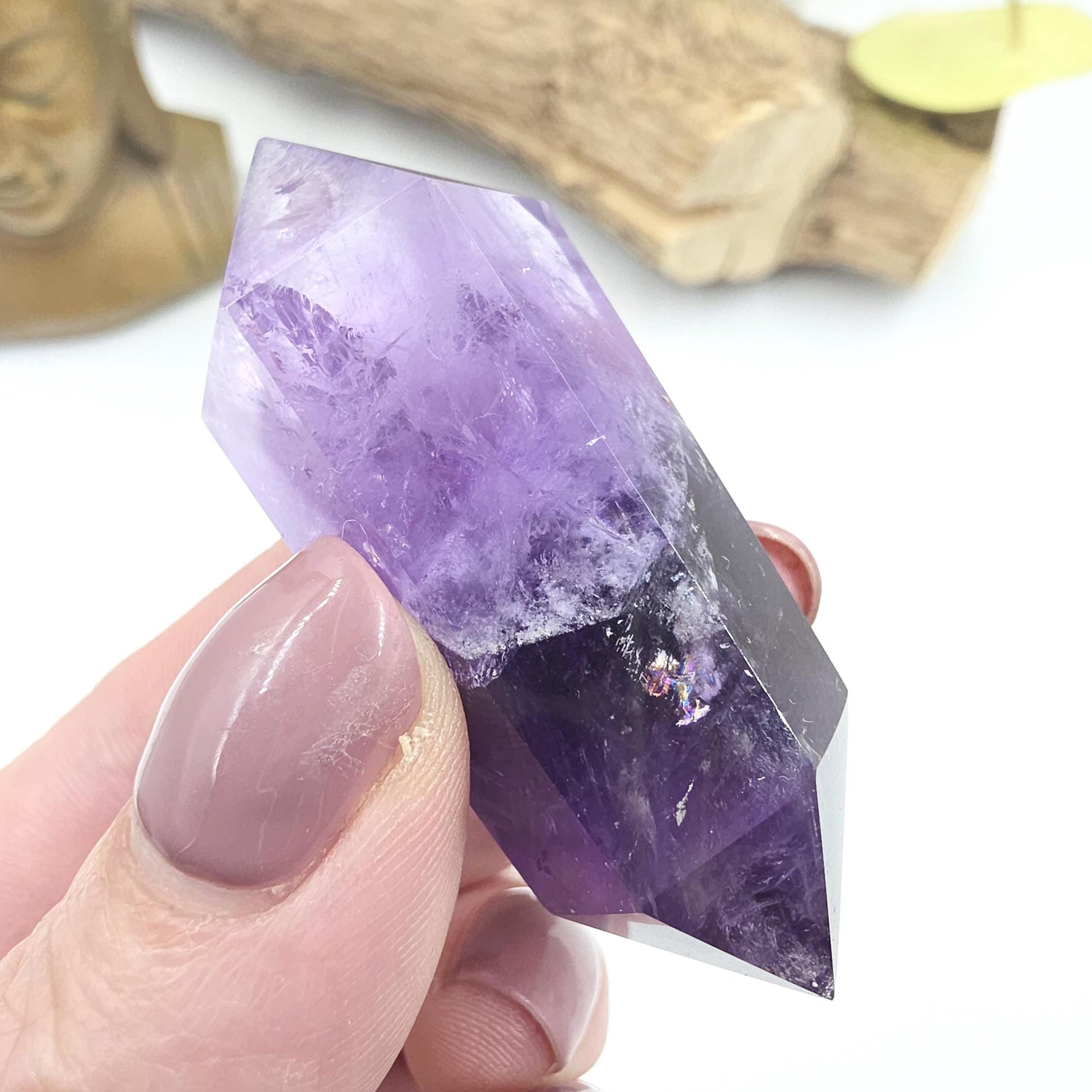 Two Tone Amethyst Double Point with Rainbows – Intuition, Calm & Spiritual Clarity Crystal, 40g
