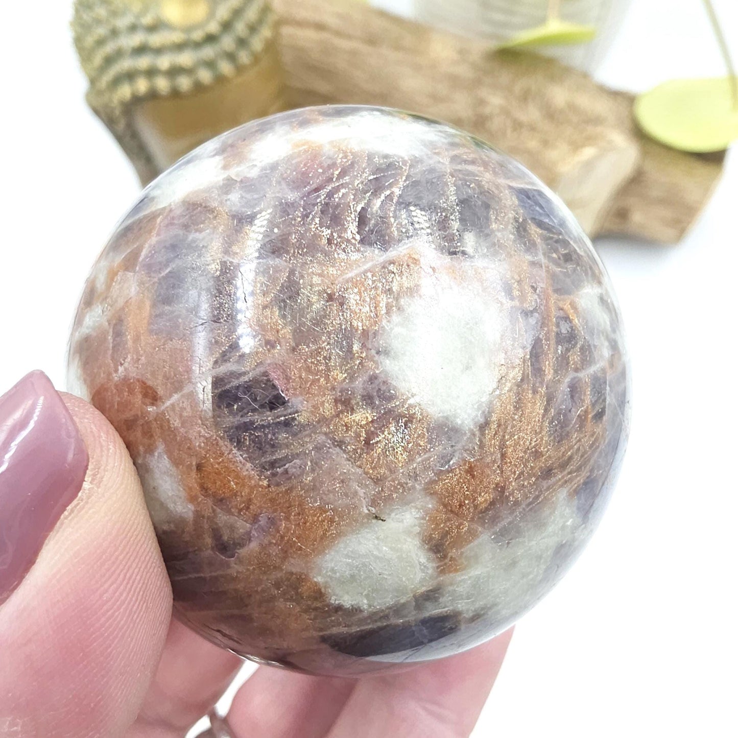 Iolite and Golden Sunstone Sphere – Intuition, Confidence & Positive Energy Crystal, 59mm