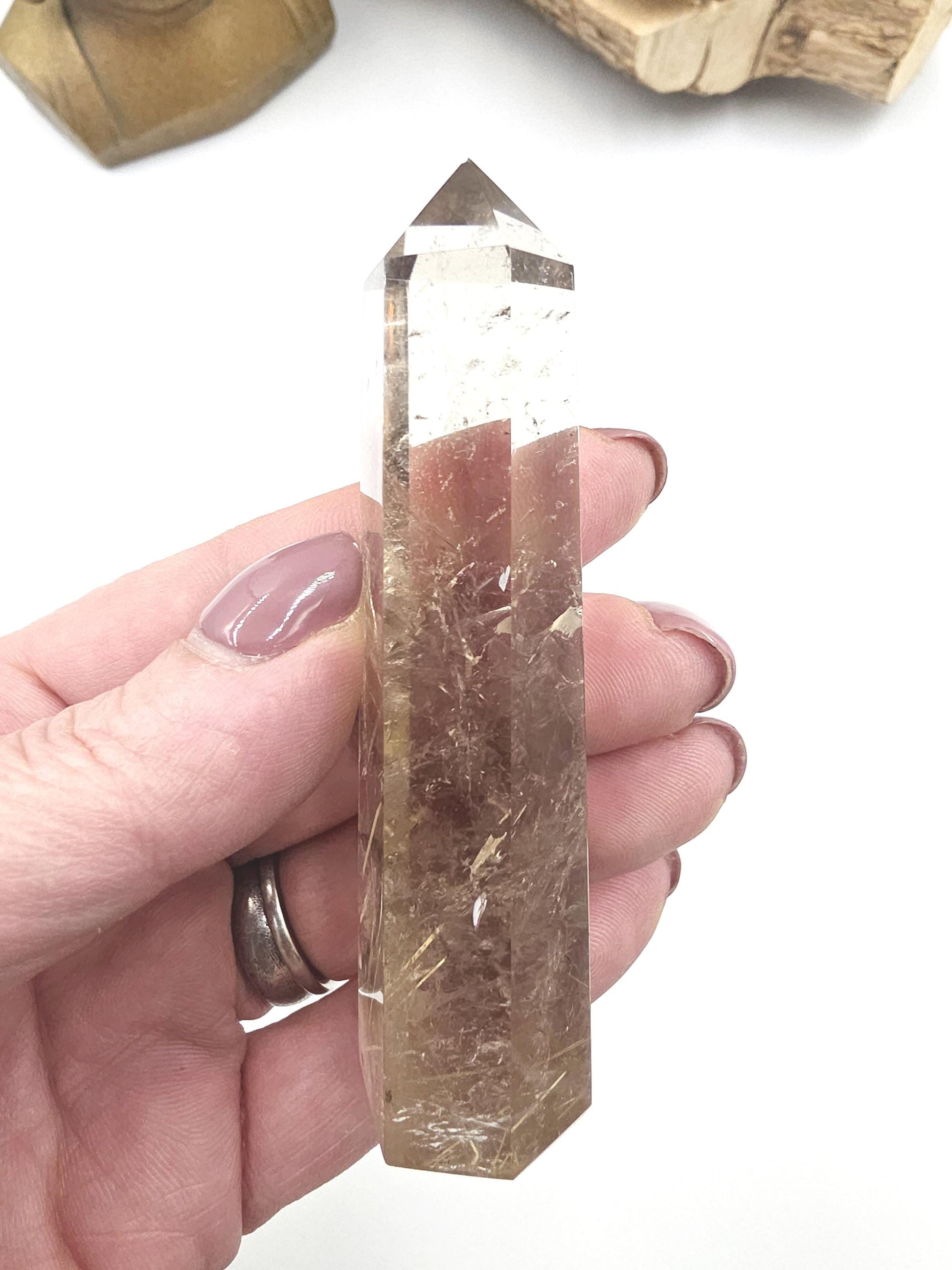 High Grade Golden Rutile Quartz Tower with Rainbow Flashes – Manifestation, Clarity & Energy Amplification Crystal, 8.8cm