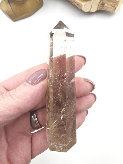 High Grade Golden Rutile Quartz Tower with Rainbow Flashes – Manifestation, Clarity & Energy Amplification Crystal, 8.8cm