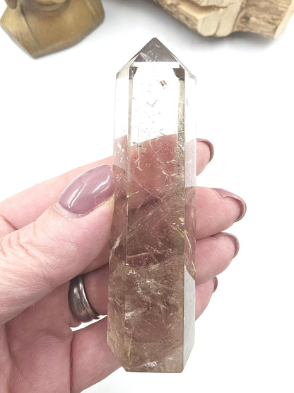 High Grade Golden Rutile Quartz Tower with Rainbow Flashes – Manifestation, Clarity & Energy Amplification Crystal, 8.8cm