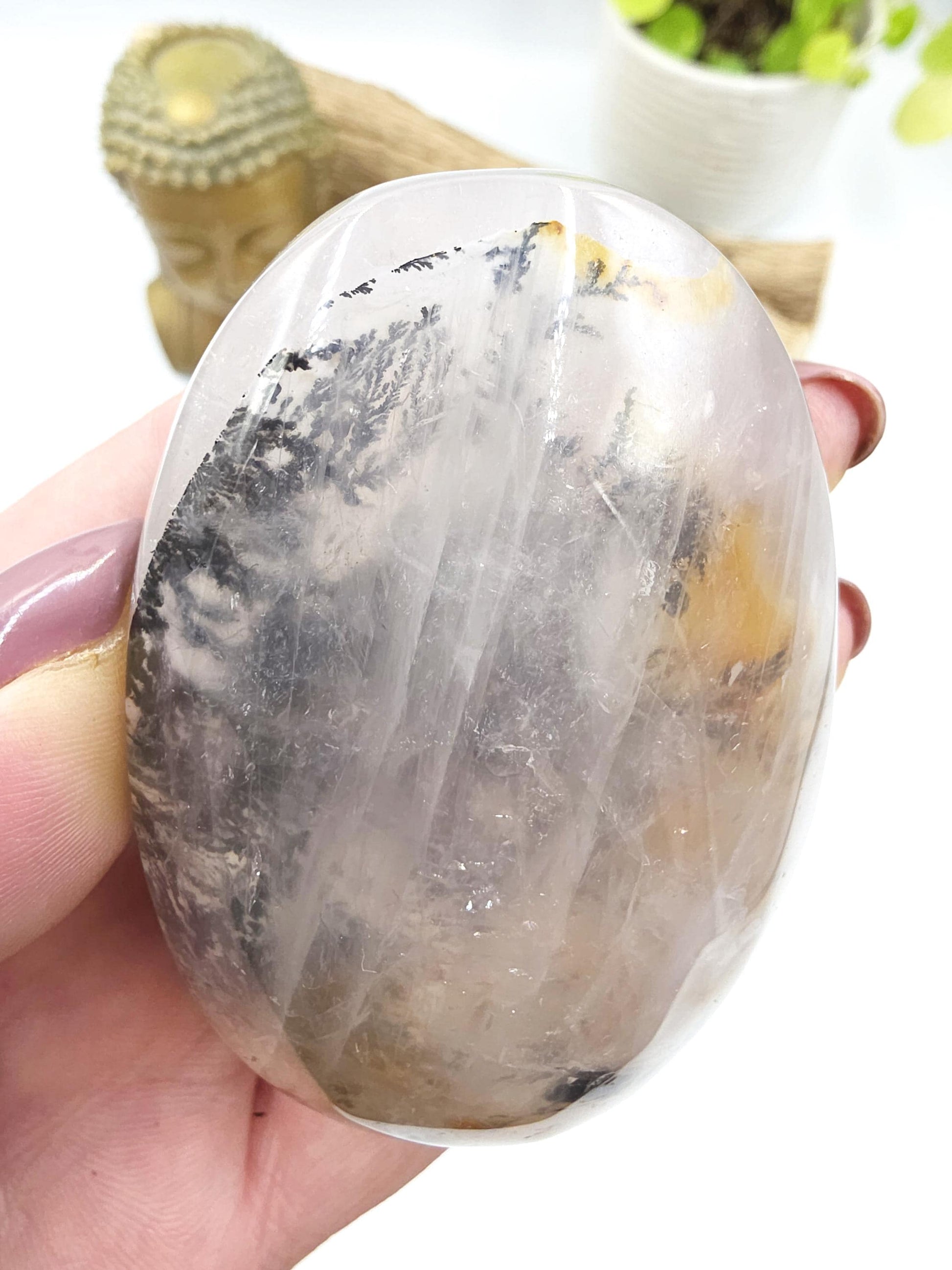 Rare Large Dendritic Quartz Palm Stone with Golden Healer Inclusions – Healing & Spiritual Growth Crystal, 195g