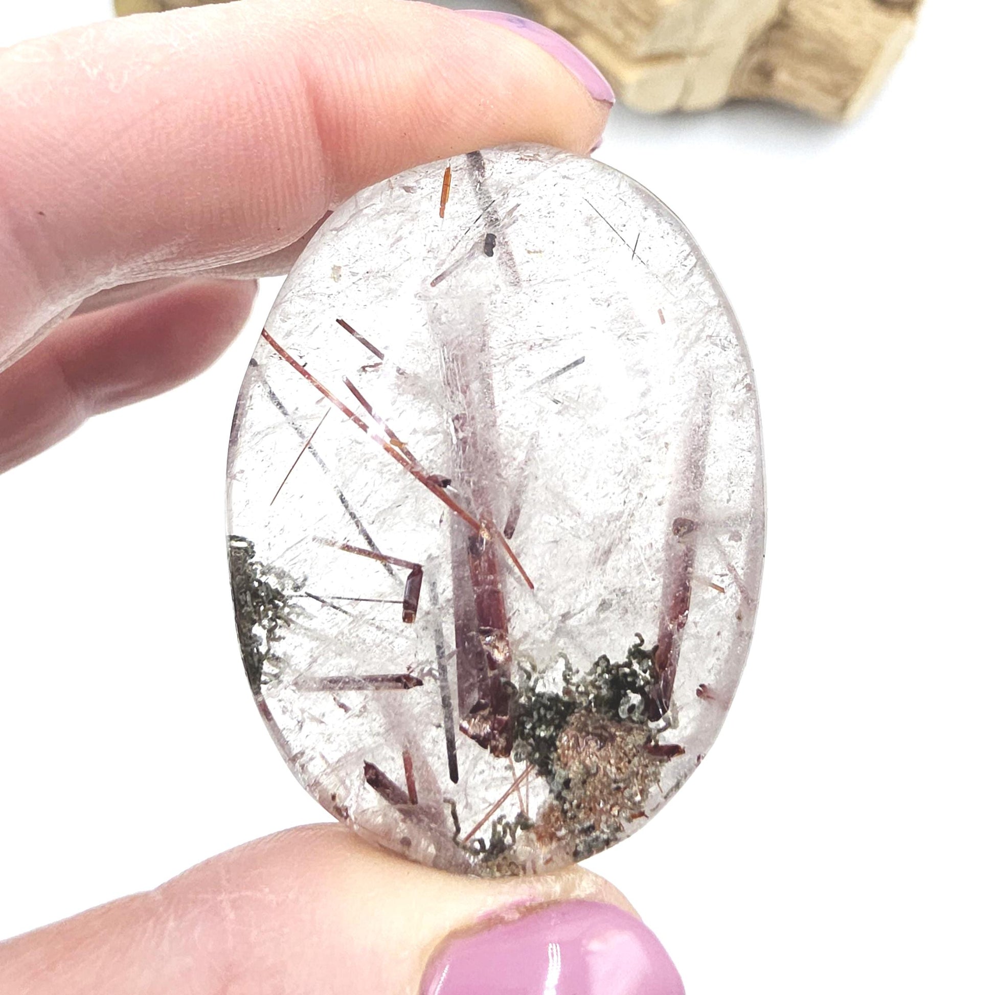 Clear Quartz Palm Stone with Red Rutile & Green Garden Inclusions – Manifestation, Protection and Energy Amplification Crystal, 50g