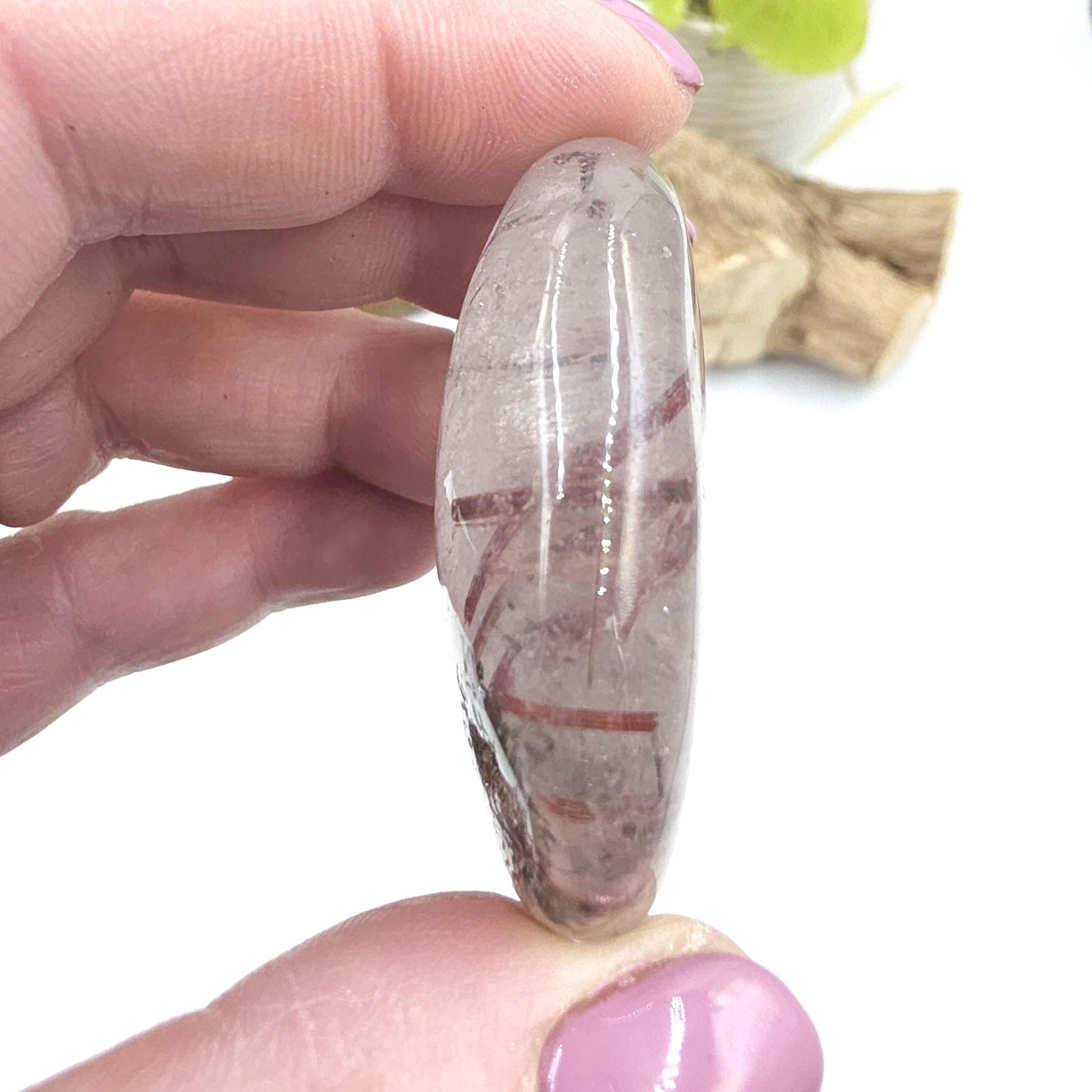 Clear Quartz Palm Stone with Red Rutile & Green Garden Inclusions – Manifestation, Protection and Energy Amplification Crystal, 50g