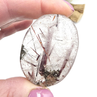 Clear Quartz Palm Stone with Red Rutile & Green Garden Inclusions – Manifestation, Protection and Energy Amplification Crystal, 50g