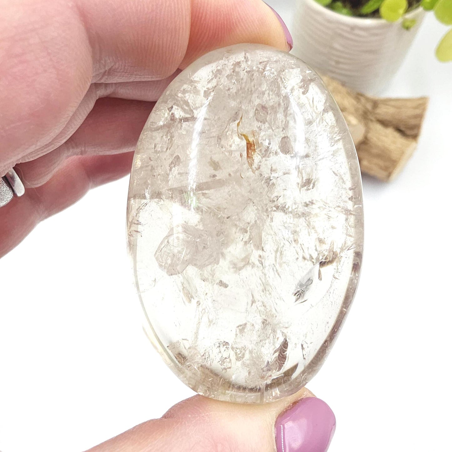 Manifestation Clear Quartz Palm Stone with Internal Crystal Growth & Rainbows – Healing and Manifestation Crystal, 100g