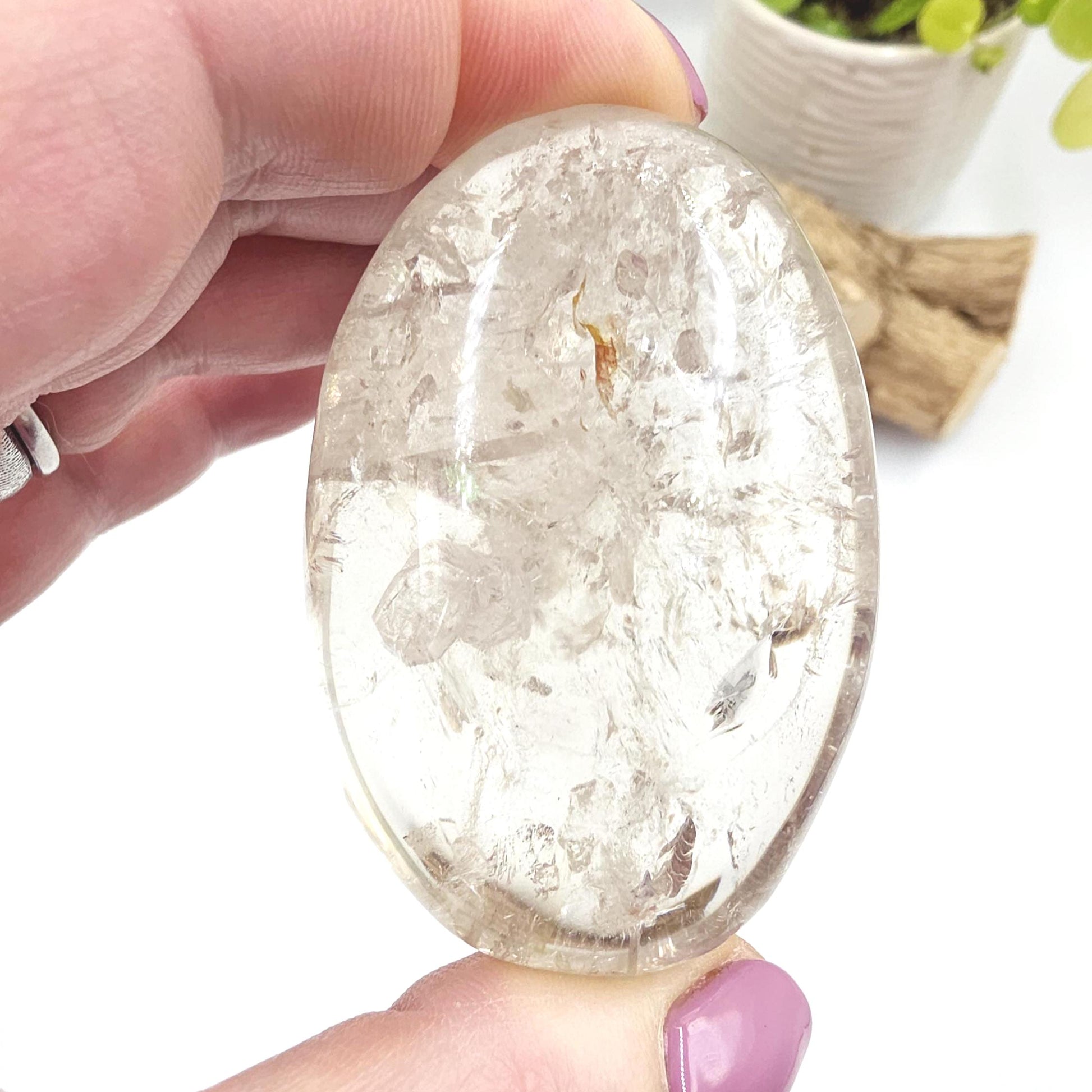 Manifestation Clear Quartz Palm Stone with Internal Crystal Growth & Rainbows – Healing and Manifestation Crystal, 100g
