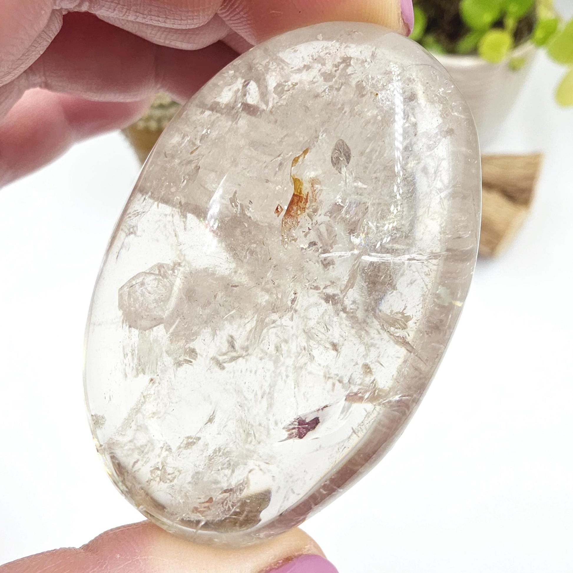 Manifestation Clear Quartz Palm Stone with Internal Crystal Growth & Rainbows – Healing and Manifestation Crystal, 100g
