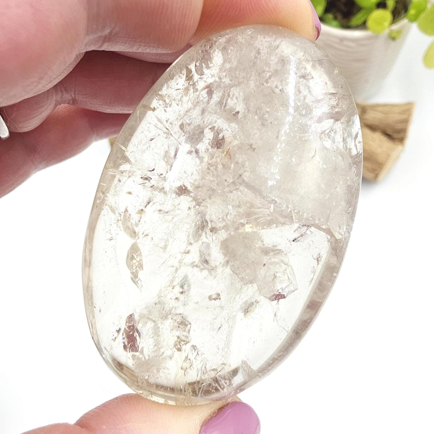Manifestation Clear Quartz Palm Stone with Internal Crystal Growth & Rainbows – Healing and Manifestation Crystal, 100g