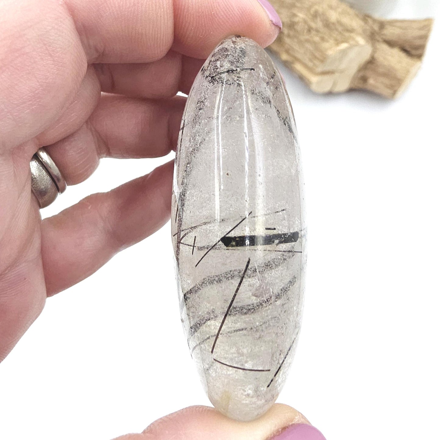 High Grade Black Rutile Quartz Palm Stone – Protection, Clarity & Energy Amplification Crystal, 100g