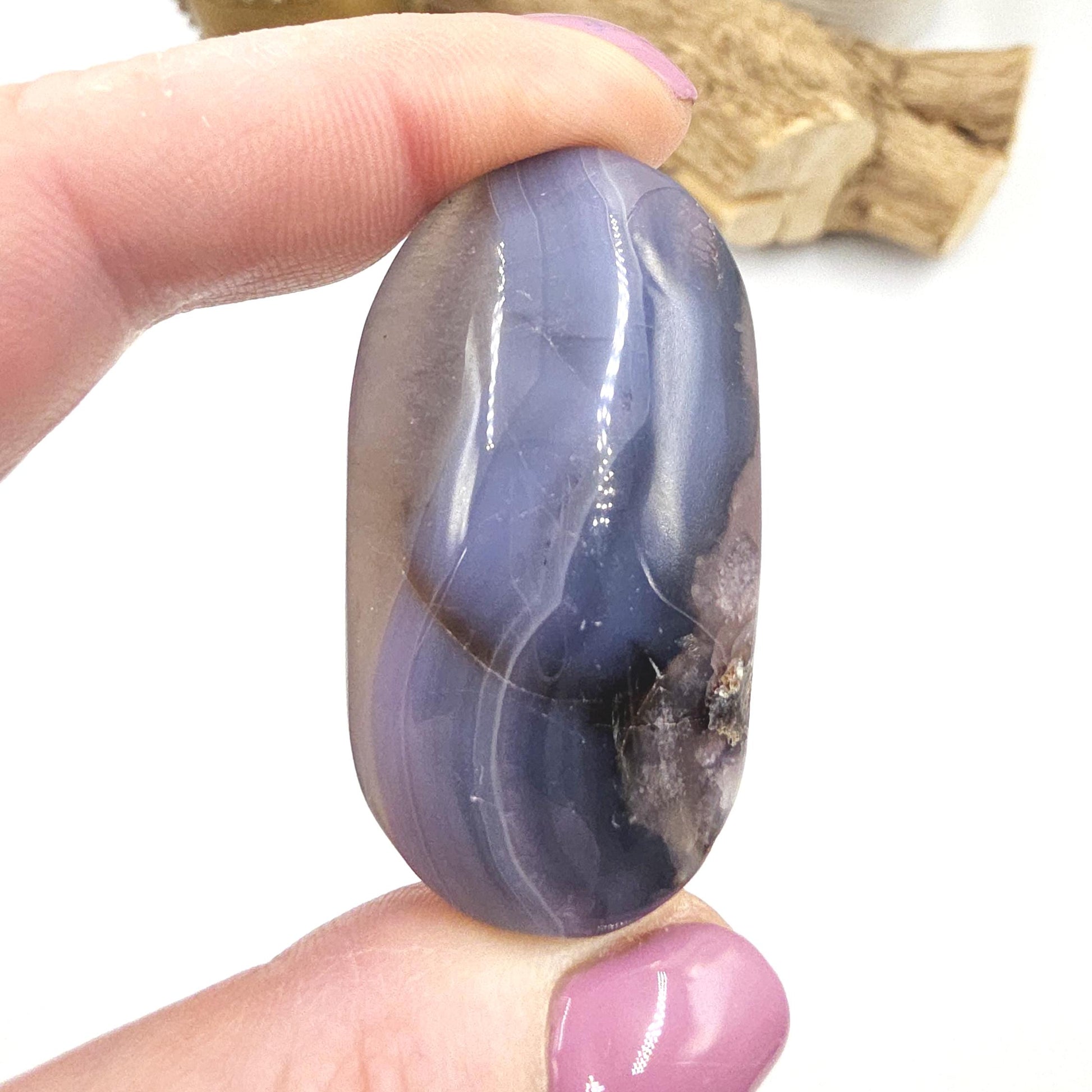 Unique Blue Flower Agate (Sakura) Palm Stone - Nurturing & Growth Crystal, 45g