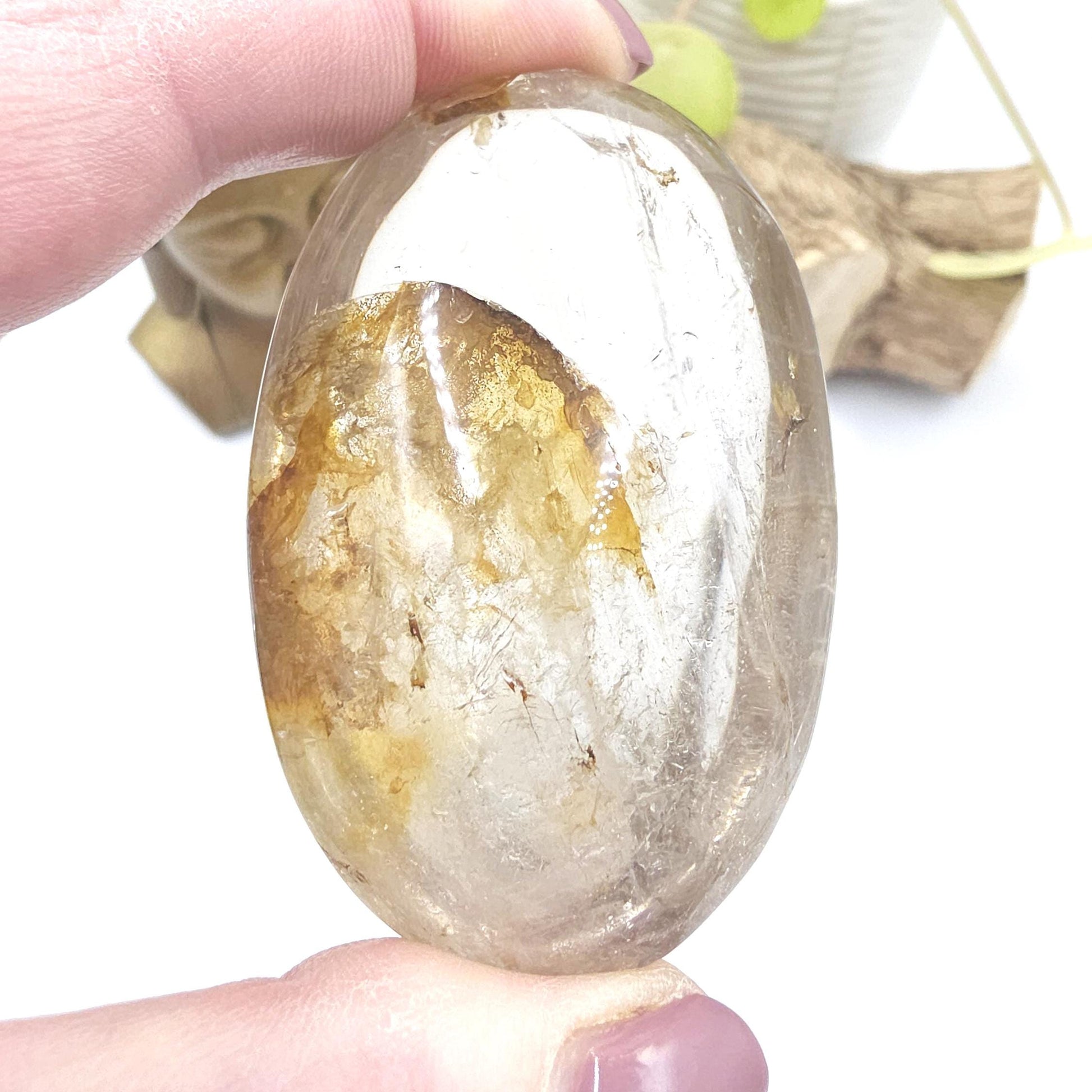 High Grade Clear Quartz Palm Stone with Golden Healer Inclusions – Clarity & Healing Crystal, 135g