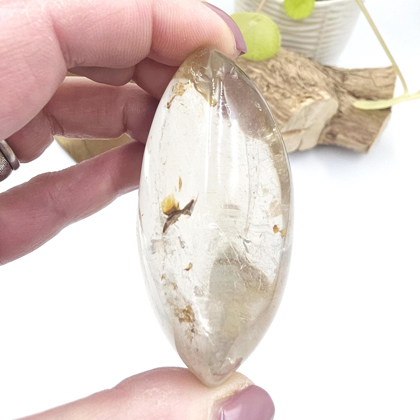 High Grade Clear Quartz Palm Stone with Golden Healer Inclusions – Clarity & Healing Crystal, 135g