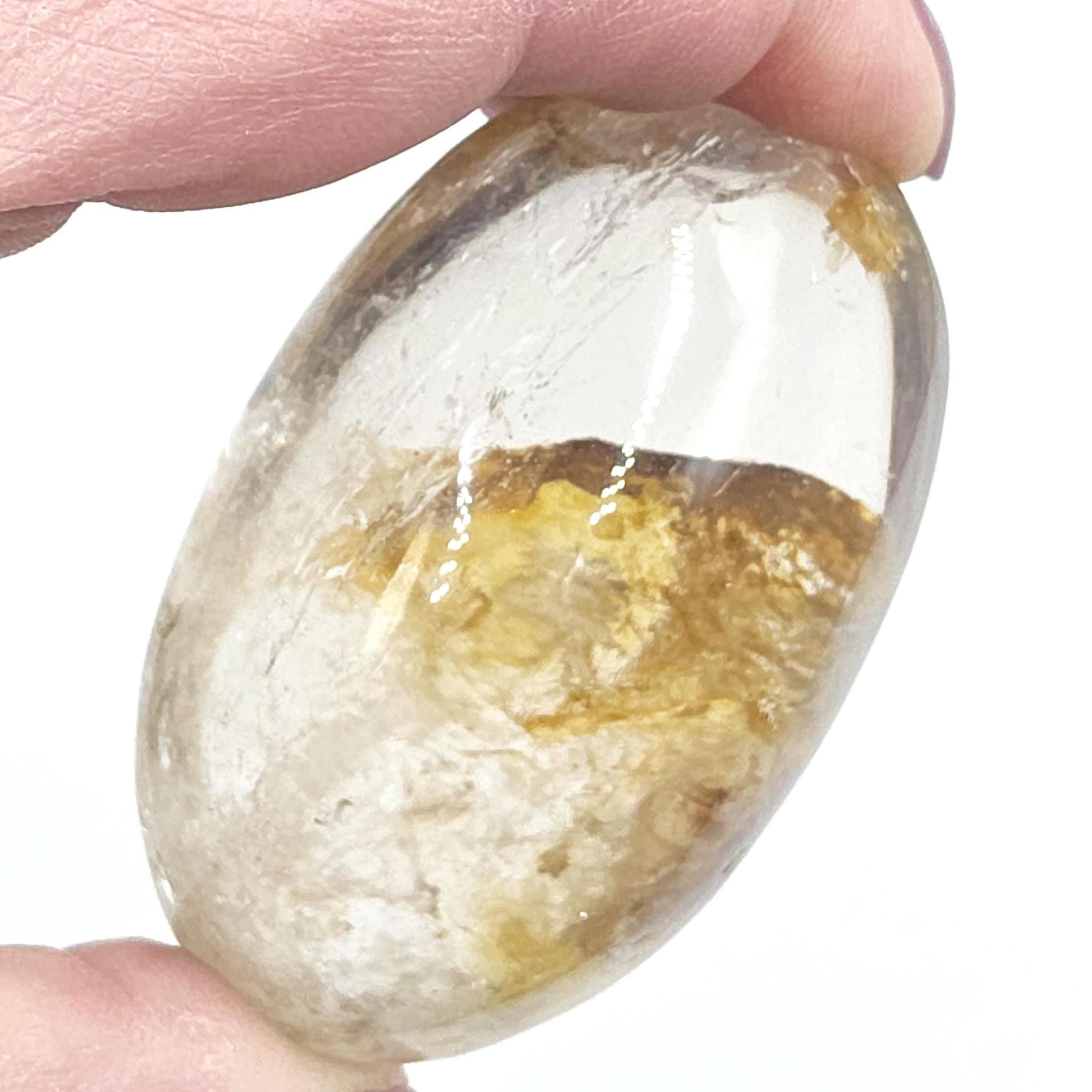 High Grade Clear Quartz Palm Stone with Golden Healer Inclusions – Clarity & Healing Crystal, 135g