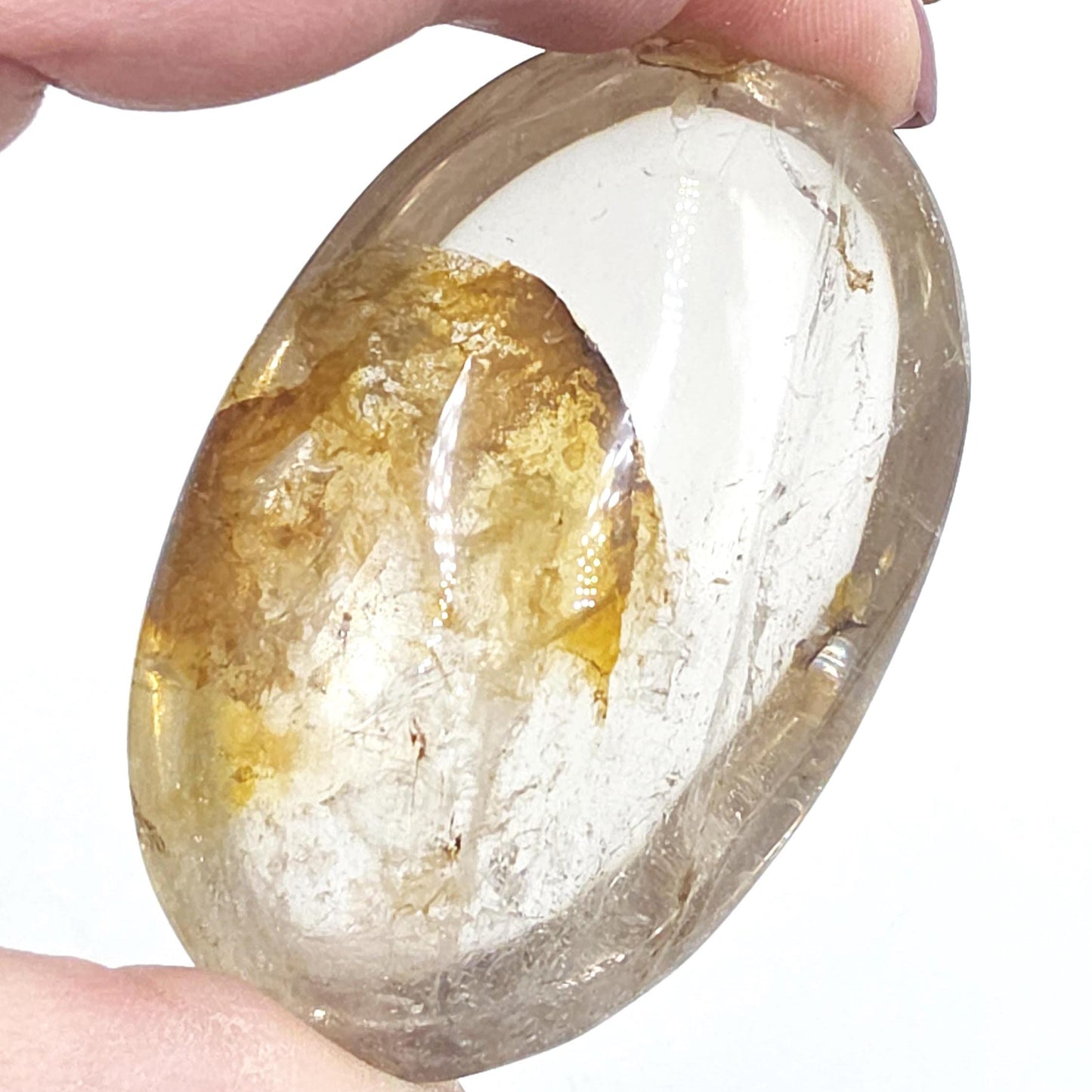 High Grade Clear Quartz Palm Stone with Golden Healer Inclusions – Clarity & Healing Crystal, 135g
