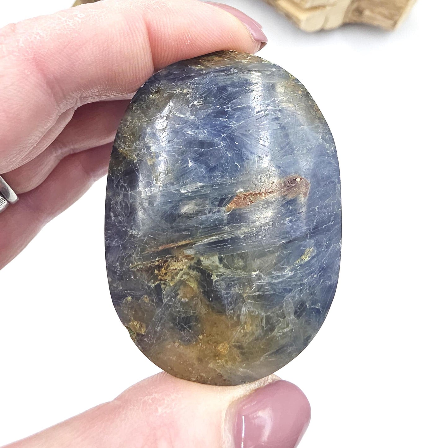 Kyanite Palm Stone – Energy Alignment, Calm & Throat Chakra Crystal, 100g
