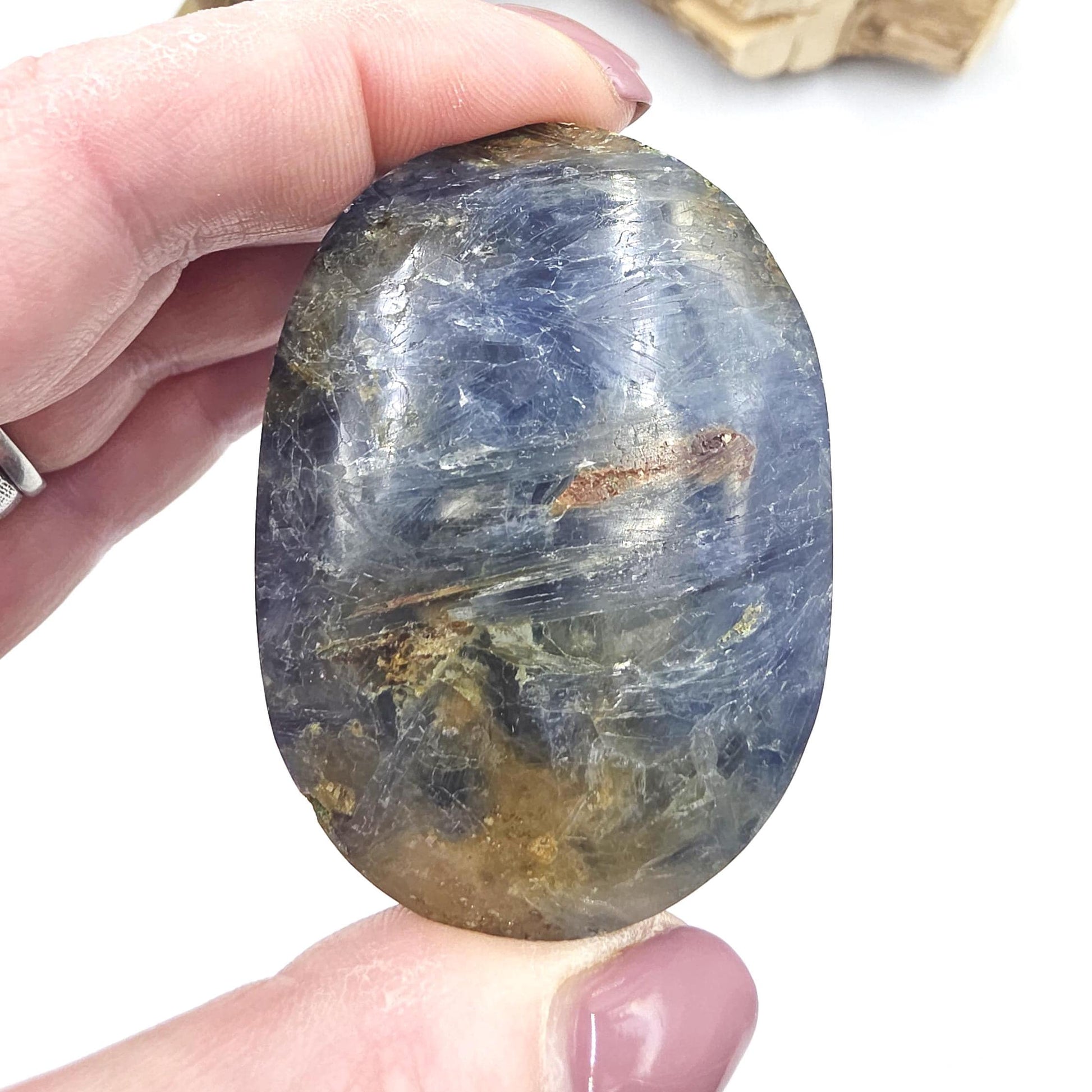 Kyanite Palm Stone – Energy Alignment, Calm & Throat Chakra Crystal, 100g