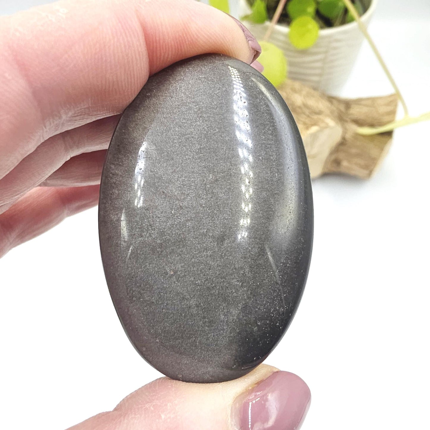 Silver Sheen Obsidian Palm Stone – Protection, Insight & Root Chakra Energy Crystal, 35g